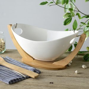 Ceramics and Bamboo Salad Bowl with Stand - Image 3