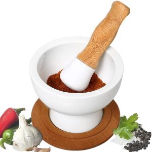 Porcelain Mortar and Pestle Set With Bamboo Base - Image 2