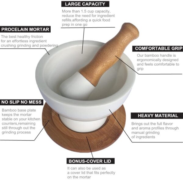 Mortar and Pestle Set with Bamboo Base 1.5 Cup / Black