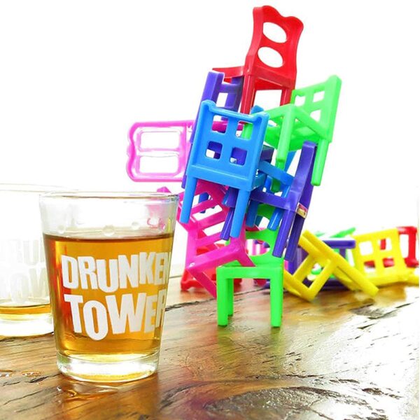 Drunken Tower Drinking Game 18 Pieces Chairs and 4 Shot Glasses Set,  Stacking Balancing Game for Party (Chair Tower) 