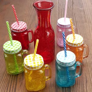 7 PCS Colored Glass Bottle and Jar Set with Straw - Image 1