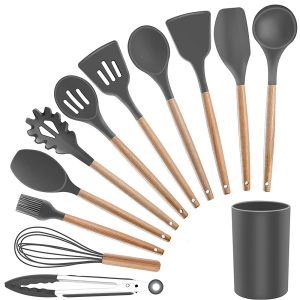 12-piece silicone kitchen utensil set with bamboo wooden handles - Image 1