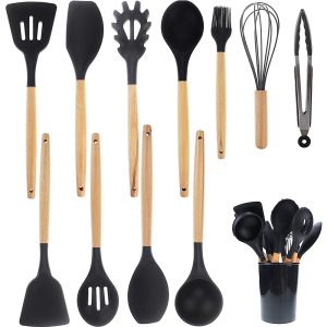 12-piece silicone kitchen utensil set with bamboo wooden handles - Image 3