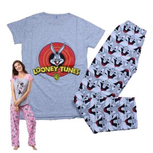 Women's Cotton Printed Night Suit - Looney Tunes - Grey - Image 1