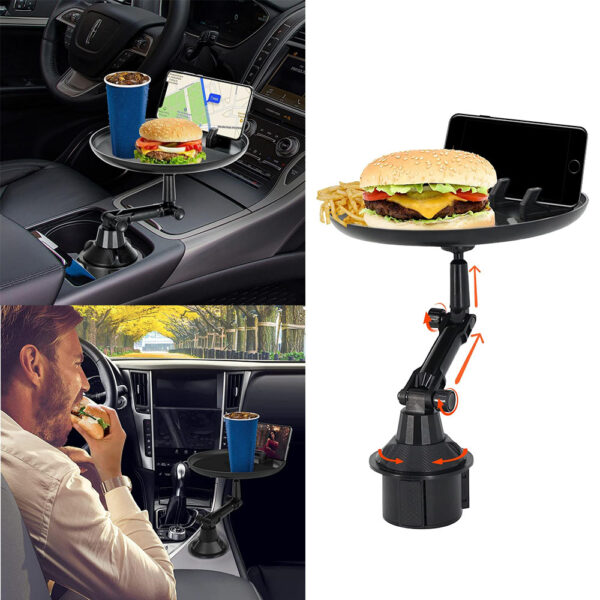 Cup Holder Tray for Car - Adjustable Car Tray Table - Perfect for Eating in Your Car with 9 inch Surface, Phone Slot, and 360? Swivel Arm - Car Food