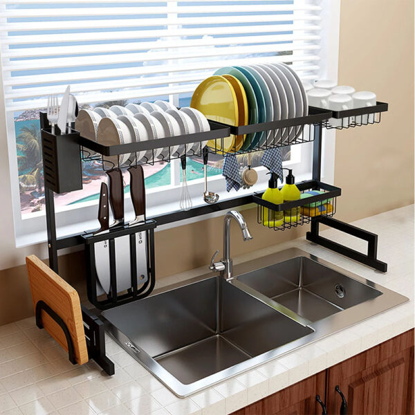 Stainless Fixing Pole 2 Floor Sink Shelf Dish Cup Storage Drying Rack  Kitchen