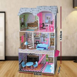Wooden Girls Doll House 3 Level Kids Pretend Play Toys Furniture Set - Image 3