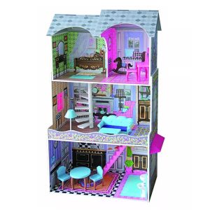 Wooden Girls Doll House 3 Level Kids Pretend Play Toys Furniture Set - Image 1