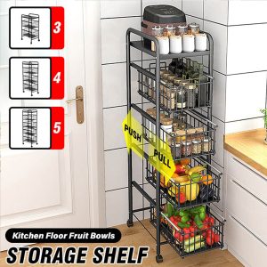 Kitchen Floor Fruit Bowls with Wheel Carbon Storage Rack - Image 2