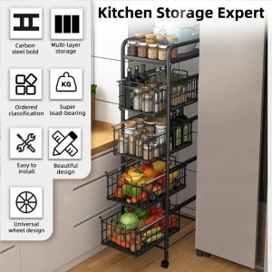 Kitchen Floor Fruit Bowls with Wheel Carbon Storage Rack - Image 3
