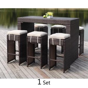 7-Piece Rattan Chair Bar Patio Set with Off-white Cushions - Image 3