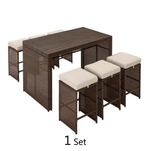 7-Piece Rattan Chair Bar Patio Set with Off-white Cushions - Image 4