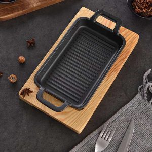 Rectangle Cast Iron Grilling Pan With Wooden Base - Image 4