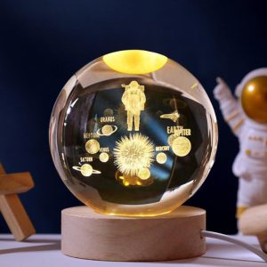 Astronaut Heart Crystal Glass Ball Light 3D Nightlight Wooden LED Display Base Stand - Image 1