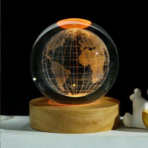 10 cm Earth Crystal Glass Ball Light 3D Nightlight Wooden LED Display Base Stand - Image 3