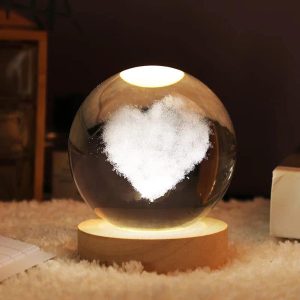 Heart Crystal Glass Ball Light 3D Nightlight Wooden LED Display Base Stand - Image 2