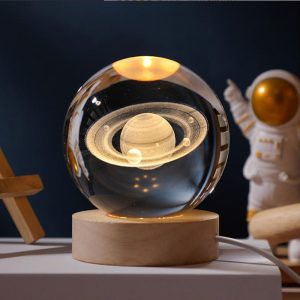 Saturn Crystal Glass Ball Light 3D Nightlight Wooden LED Display Base Stand - Image 1