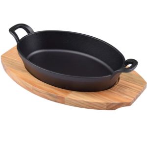 Gratin Dish, Cast Iron Skillet with Wooden Serving Tray - Image 1