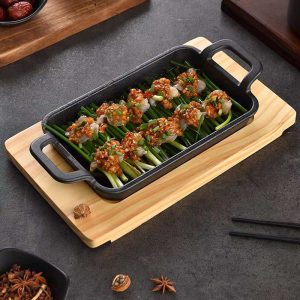 Rectangle Cast Iron Grilling Pan With Wooden Base - Image 2