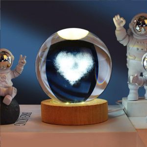 Heart Crystal Glass Ball Light 3D Nightlight Wooden LED Display Base Stand - Image 1