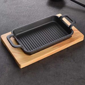 Rectangle Cast Iron Grilling Pan With Wooden Base - Image 3