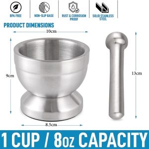 Stainless Steel Mortar and Pestle Set With Protective Lid 10-cm - Image 3