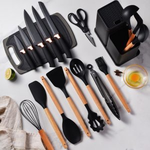 19-in-1 Wooden Handle Silicone Kitchen Utensils Set Knife Set with Block - Image 6