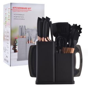 19-in-1 Wooden Handle Silicone Kitchen Utensils Set Knife Set with Block - Image 8