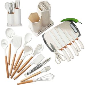 19-in-1 Wooden Handle Silicone Kitchen Utensils Set Knife Set with Block - Image 1