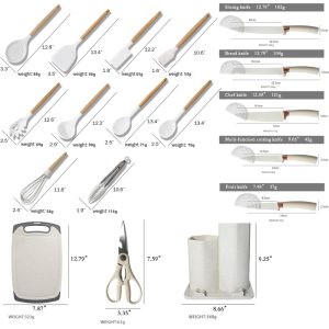 19-in-1 Wooden Handle Silicone Kitchen Utensils Set Knife Set with Block - Image 4