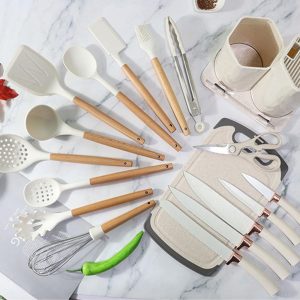19-in-1 Wooden Handle Silicone Kitchen Utensils Set Knife Set with Block - Image 3