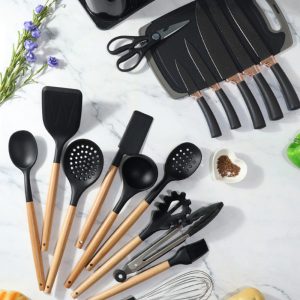 19-in-1 Wooden Handle Silicone Kitchen Utensils Set Knife Set with Block - Image 2