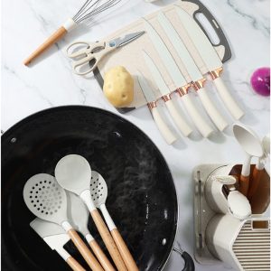 19-in-1 Wooden Handle Silicone Kitchen Utensils Set Knife Set with Block - Image 5