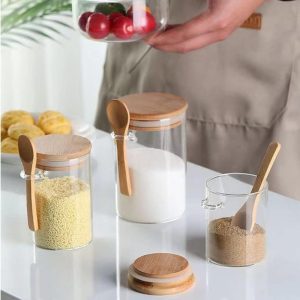 Glass Jar Containers with Bamboo Lids + Spoon ( Base 6.50 cm ) - Image 1