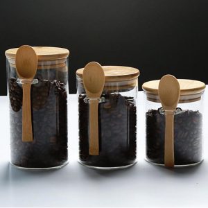 Glass Jar Containers with Bamboo Lids + Spoon ( Base 8.50 cm ) - Image 1