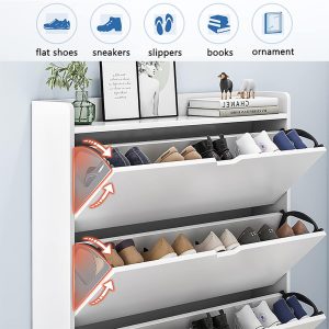 Shoe Cabinet with 3 Folding Drawers - 15 Pair - White - Image 4