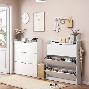 Shoe Cabinet with 3 Folding Drawers - 15 Pair - White - Image 2