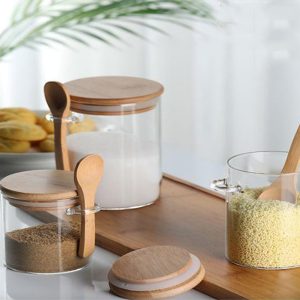 Glass Jar Containers with Bamboo Lids + Spoon ( Base 10 cm ) - Image 1