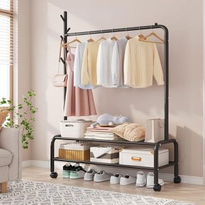 Single Pole Metal Clothes Rack With Double Lower Shelf Organization (W120 x D40 x H173)cm - Image 4