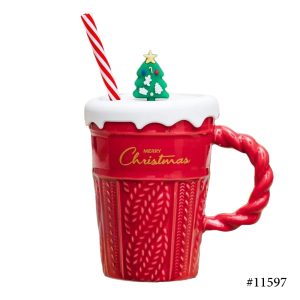 Christmas Mug With Silicone Lid & Straw - Red - Image 1