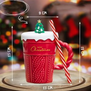 Christmas Mug With Silicone Lid & Straw - Red - Image 3