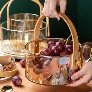 Snacks Glass Fruit Storage Basket with Wooden Handle-Amber Color - Image 5