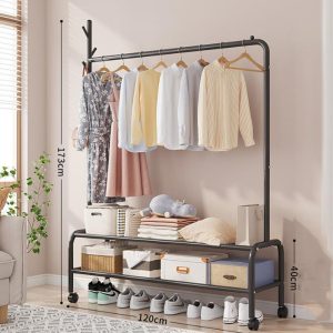 Single Pole Metal Clothes Rack With Double Lower Shelf Organization (W120 x D40 x H173)cm - Image 1