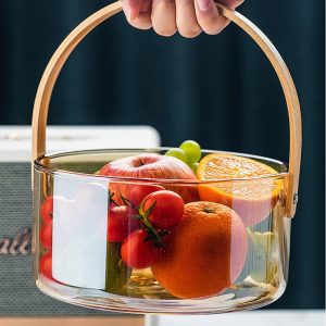 Snacks Glass Fruit Storage Basket with Wooden Handle-Amber Color - Image 3