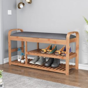 Bamboo Shoe Storage Bench with Shelves Natural Solid - Image 1