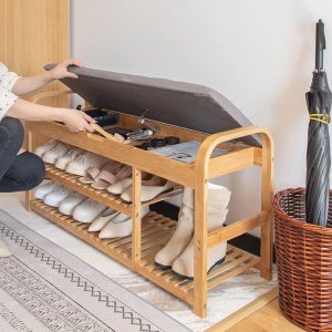 Bamboo Shoe Storage Bench with Shelves Natural Solid - Image 2