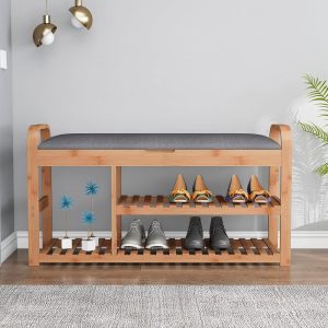 Bamboo Shoe Storage Bench with Shelves Natural Solid - Image 3