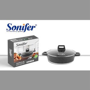 32cm 5.6L Wear-Resistant Non-Stick Granite Shallow Pot With Glass Lid - Image 3