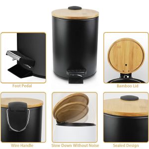 Bathroom Trash Can with Bamboo Lid Soft Close and Foot Pedal 5L - Image 4