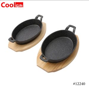 Cast Iron Mini Oval Serving Dish Pans with Wooden Base - Image 3
